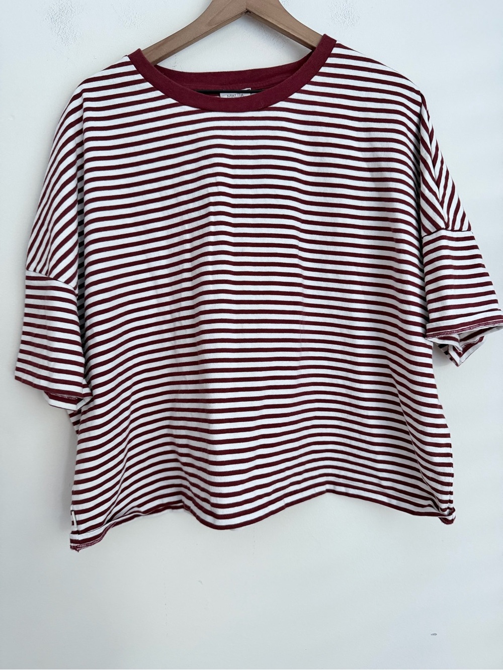 Mikuta red white stripe boxy Short-Sleeve Relaxed Tee cotton crewneck L